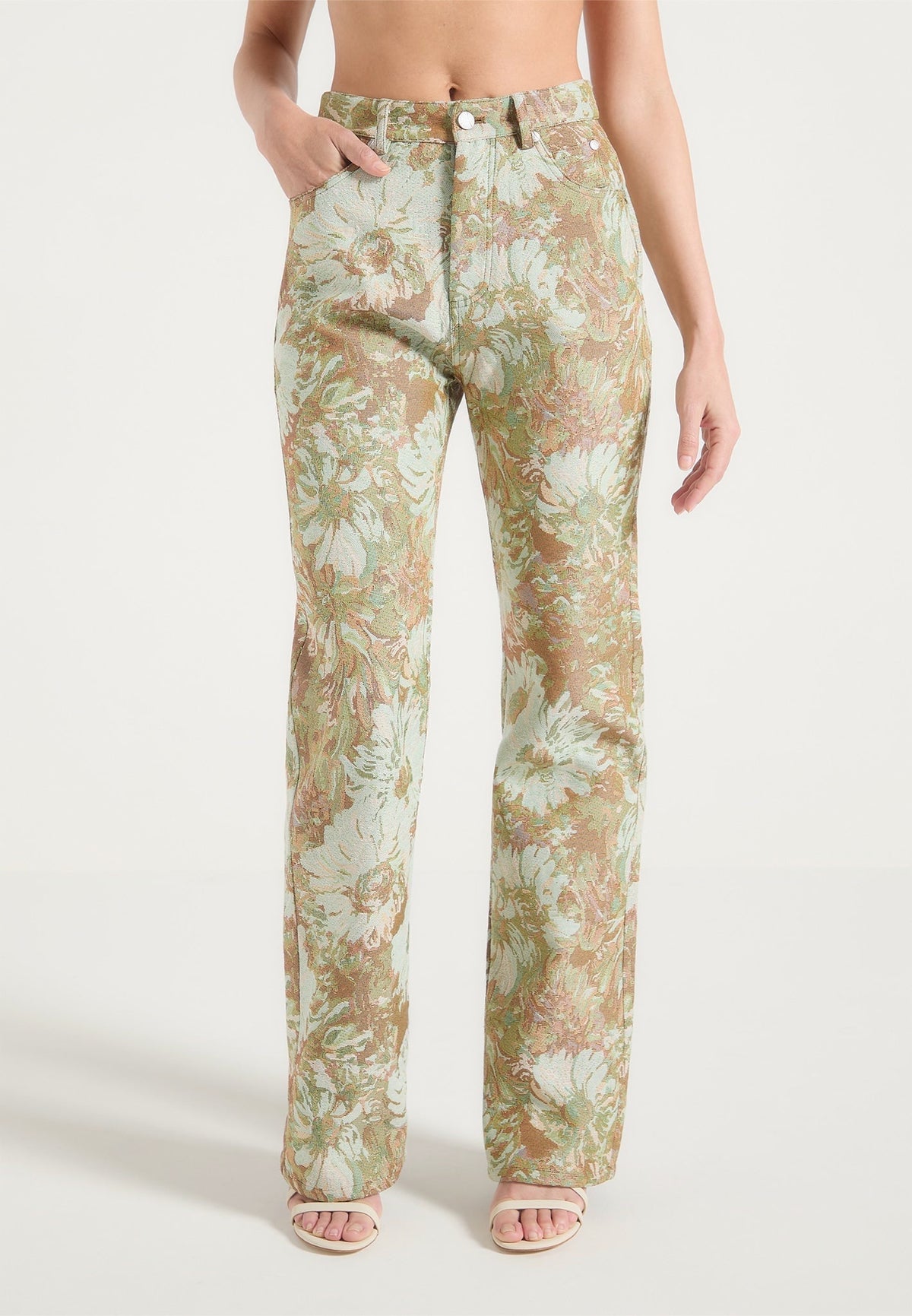 Gia - Jacquard High Rise Straight Leg Jeans - Sage