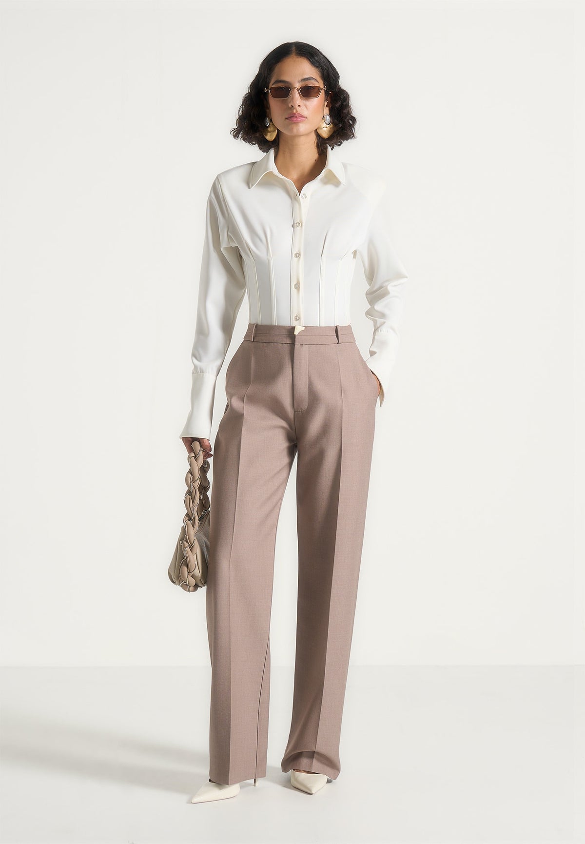 Doria - Dress Pants With Waistband Detail - Taupe