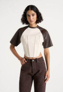 Gigi - Leather Corset T-Shirt - Cream/Brown