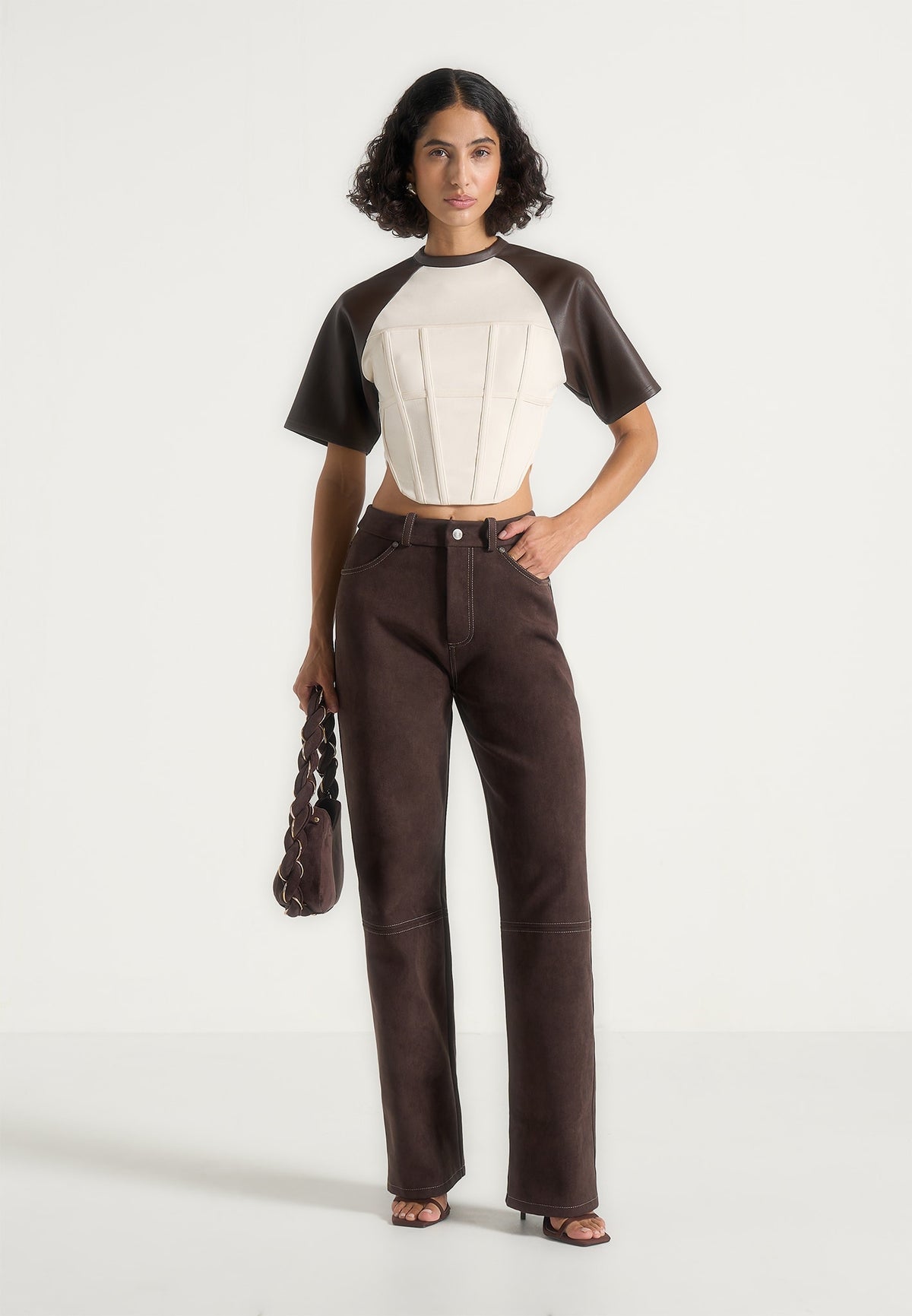 Gigi - Leather Corset T-Shirt - Cream/Brown