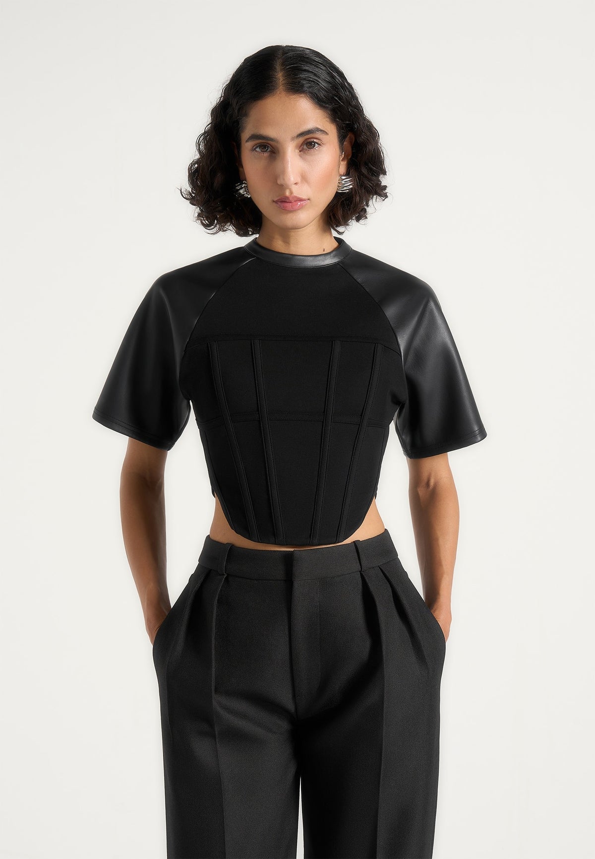 Gigi - Leather Corset T-Shirt - Black