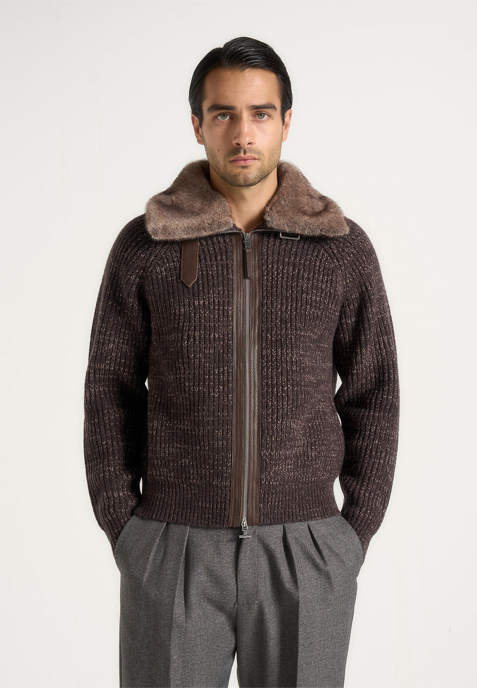 ariel-unisex-plush-collar-speckled-knit-jacket-brown