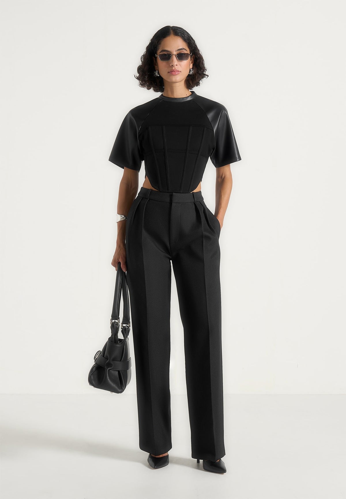 Gigi - Leather Corset T-Shirt - Black
