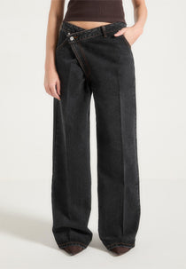 Astrid - Wrapover Wide Leg Denim Jeans - Washed Black