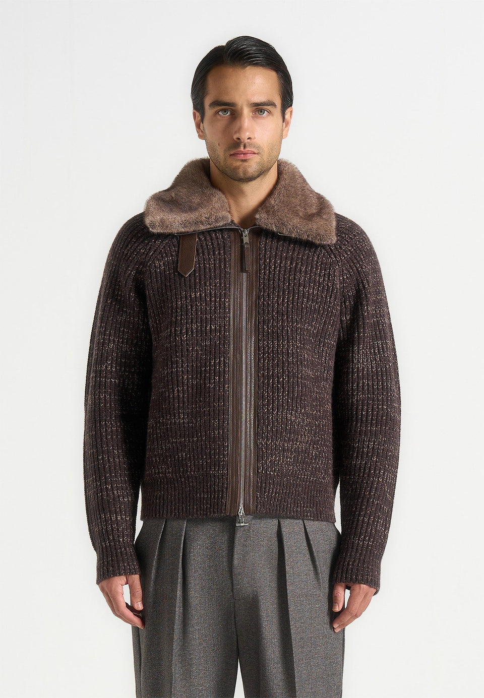 ariel-unisex-plush-collar-speckled-knit-jacket-brown