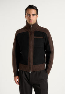 Monty - Colour Block Zip Through Cardigan - Black/Brown