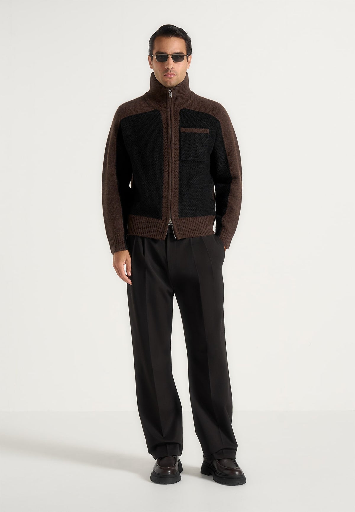 rene-colour-block-zip-through-cardigan-black-brown