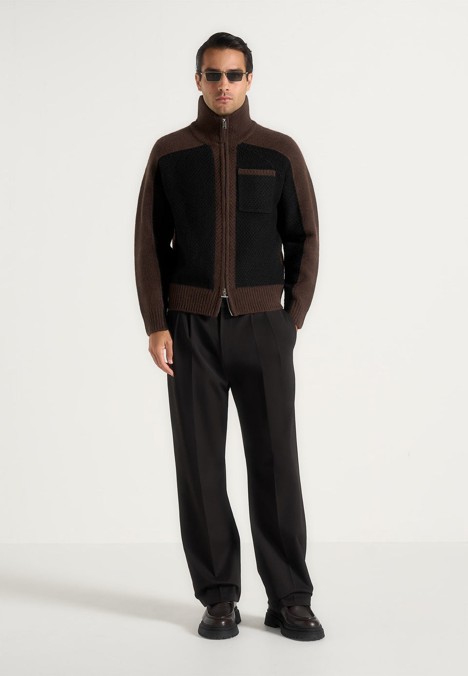 rene-colour-block-zip-through-cardigan-black-brown