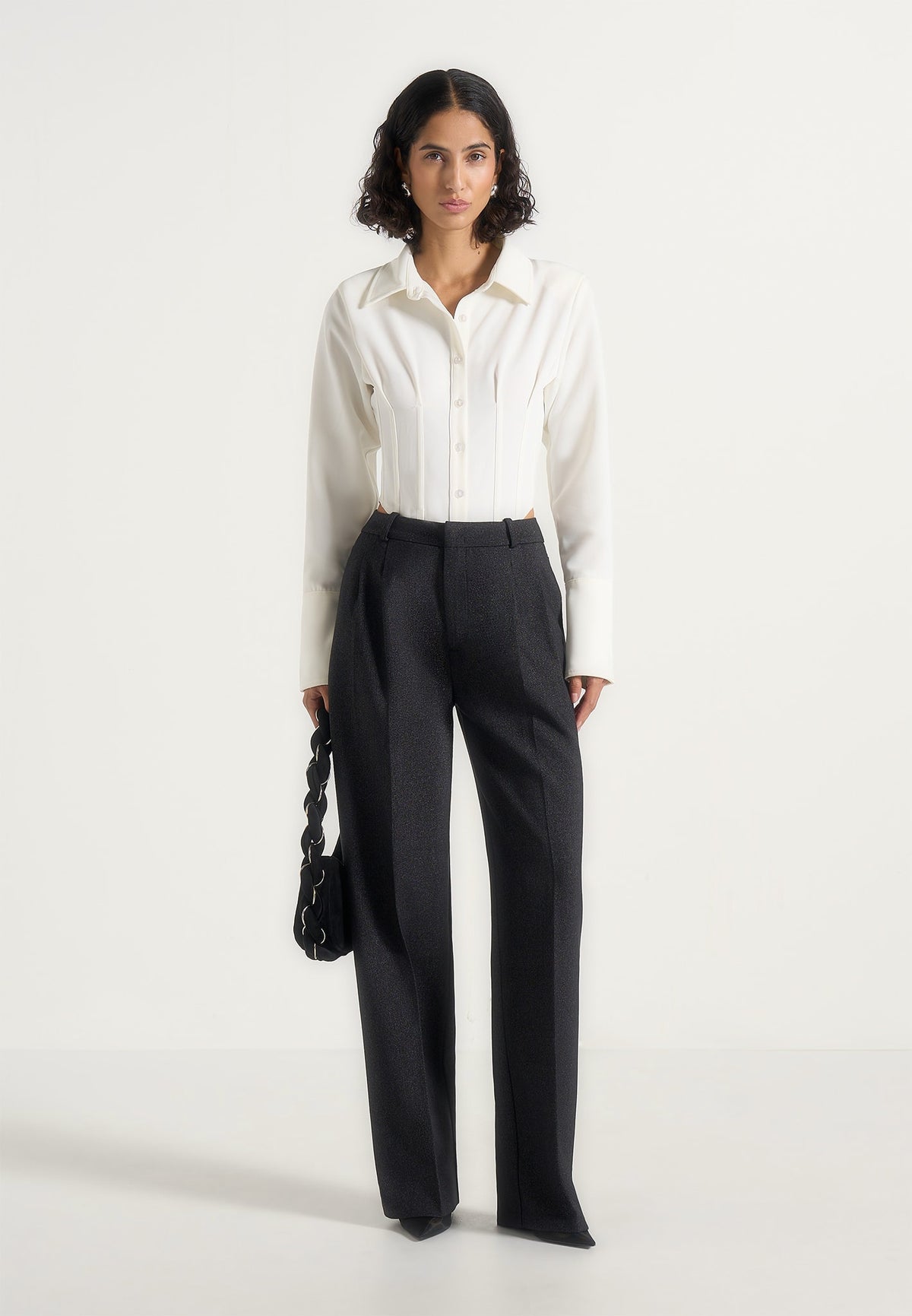 Julie - Tailored Twin Pleat Pants - Black Speckle