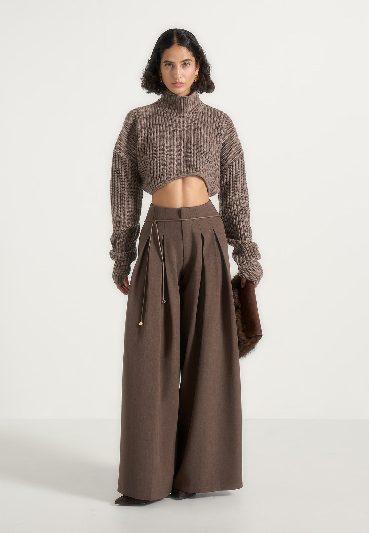 Flora - Box Pleat Wide Leg Belted Pants - Brown