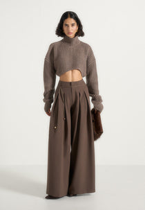 Flora - Box Pleat Wide Leg Belted Pants - Brown