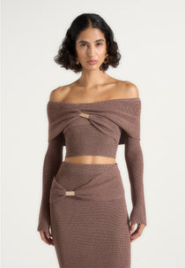 Shana - Asymmetric Off The Shoulder Top With Hardware Detail - Taupe