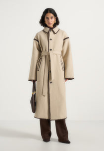 Elora - Wool Blanket Stitch Belted Longline Coat - Beige