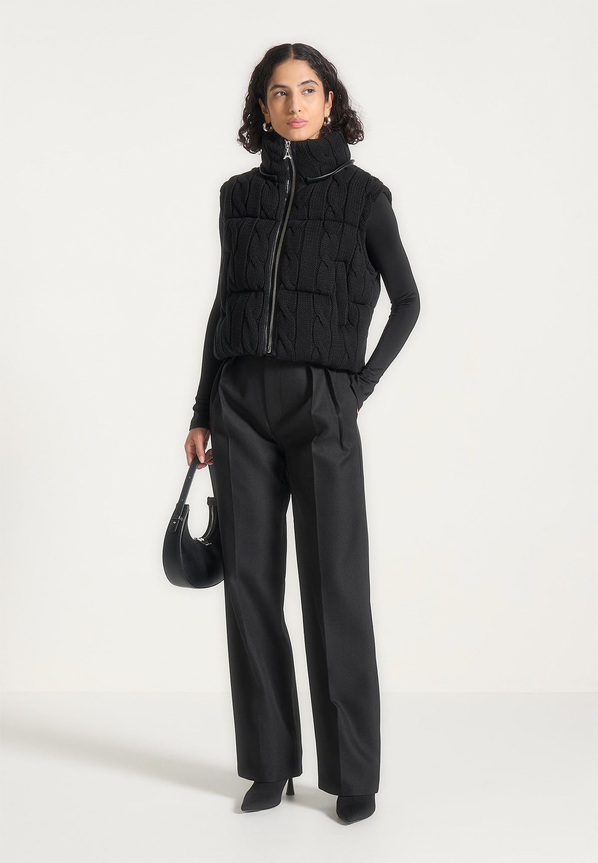 Kristina - 2-in-1 Cable Knit Puffer Jacket/Gilet - Black