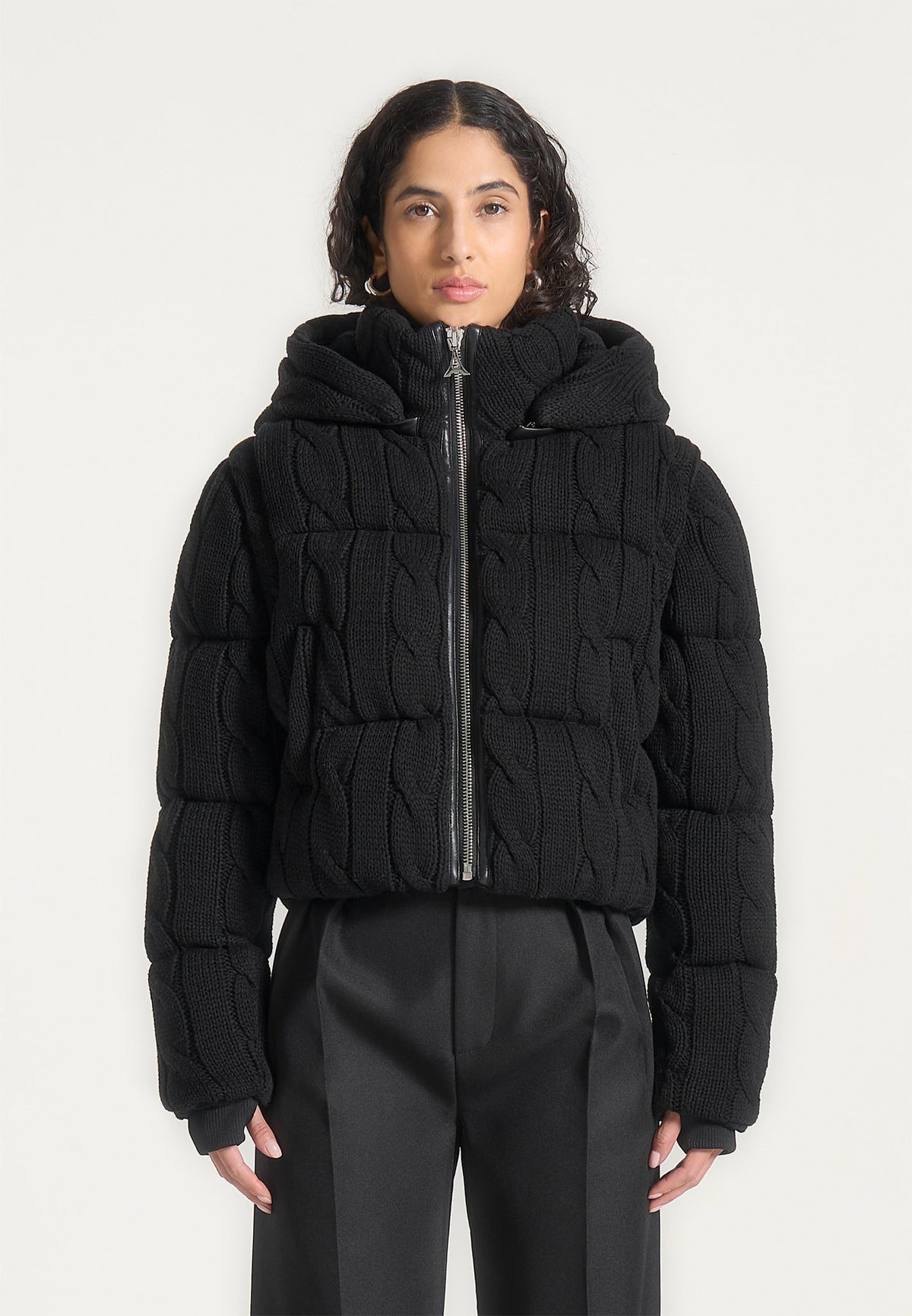Kristina - 2-in-1 Cable Knit Puffer Jacket/Gilet - Black