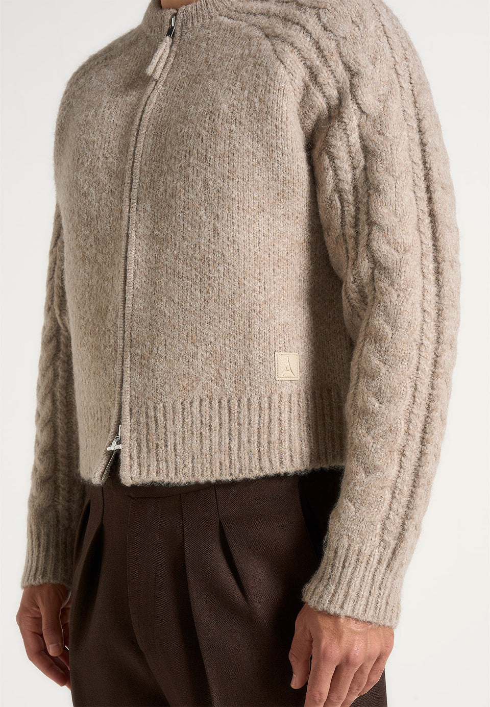 gaby-speckled-cable-knit-zip-cardigan-beige