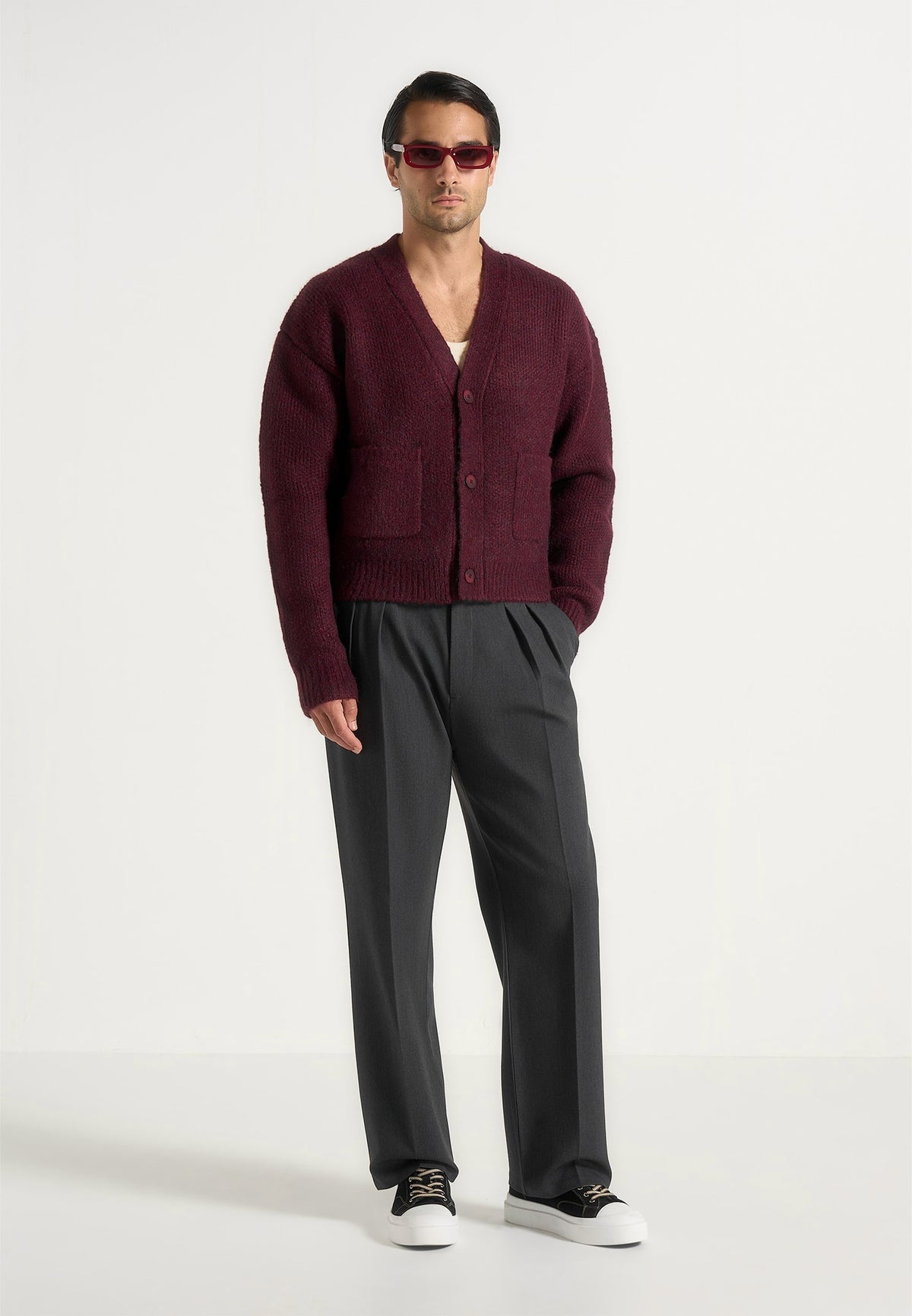 Charlie - Unisex Wool-Blend Knitted Cardigan - Wine Red