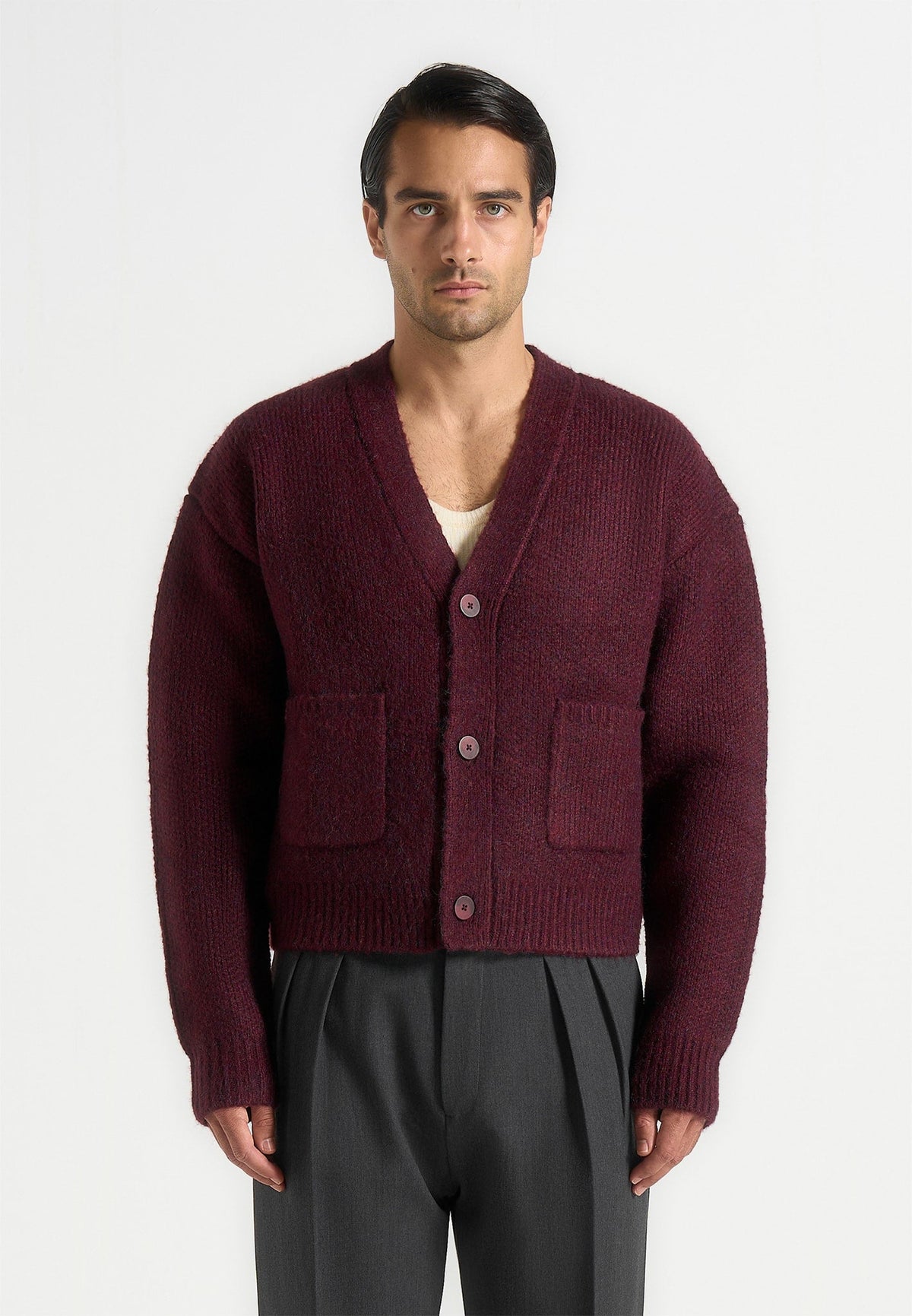 Charlie - Unisex Wool-Blend Knitted Cardigan - Wine Red