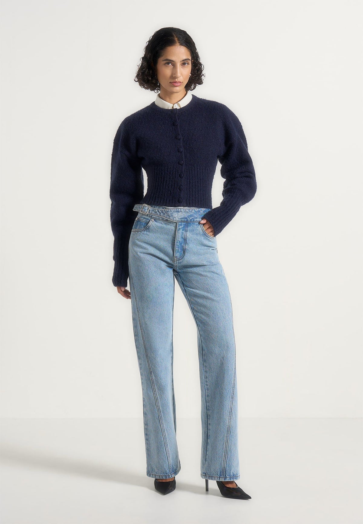Mayla - Wool-Blend Knitted Cinch Waist Cardigan - Navy
