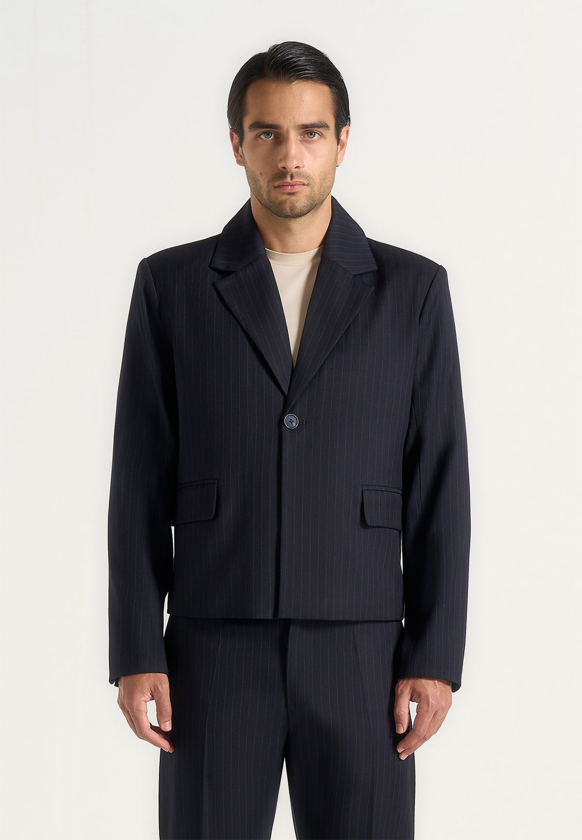 Silas - Pinstriped Tailored Cropped Blazer - Navy