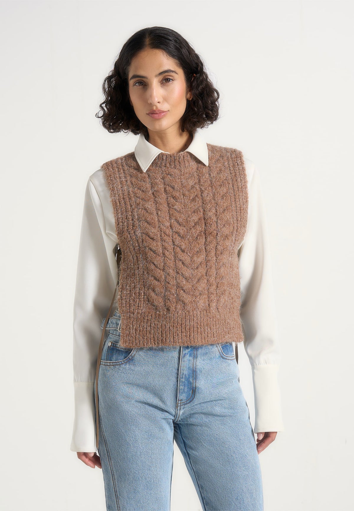 Danya - Wool-Blend Cable Knit Vest With Ties - Taupe