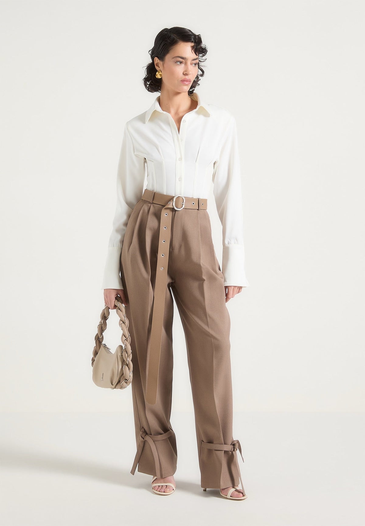 Suzanne - Dress Pants with Oversized Belt and Ankle Ties - Taupe