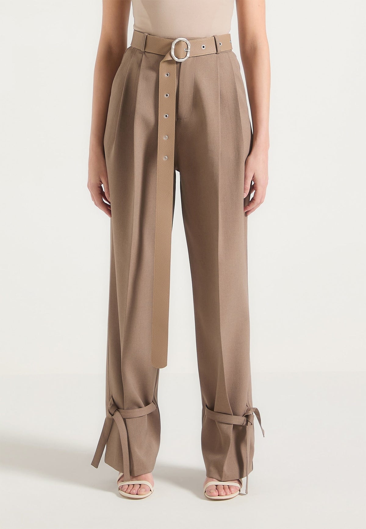 Suzanne - Dress Pants with Oversized Belt and Ankle Ties - Taupe