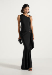 Rania - Asymmetric Draped Maxi Dress - Black