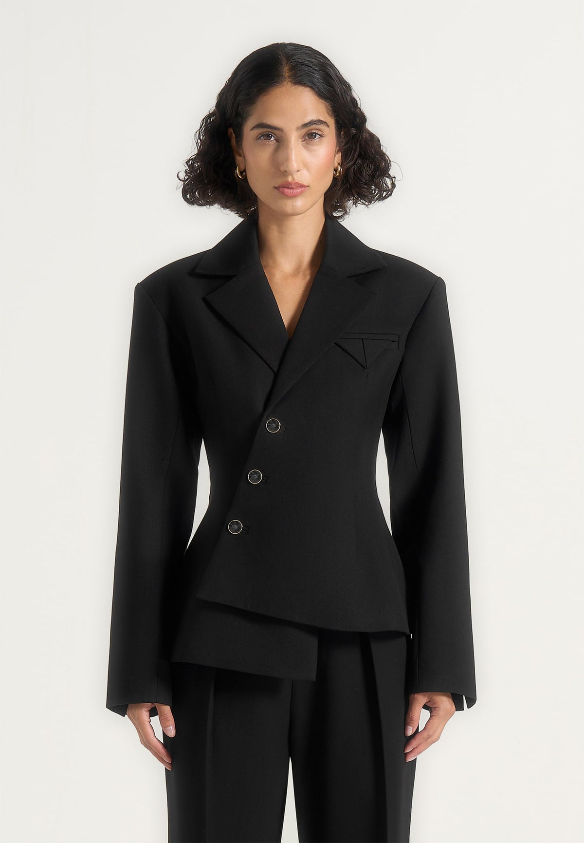 Thalia - Asymmetric Tailored Double Breasted Wool-Blend Blazer - Black