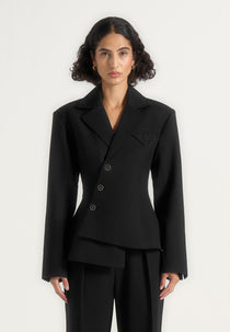 Thalia - Asymmetric Tailored Double Breasted Wool-Blend Blazer - Black