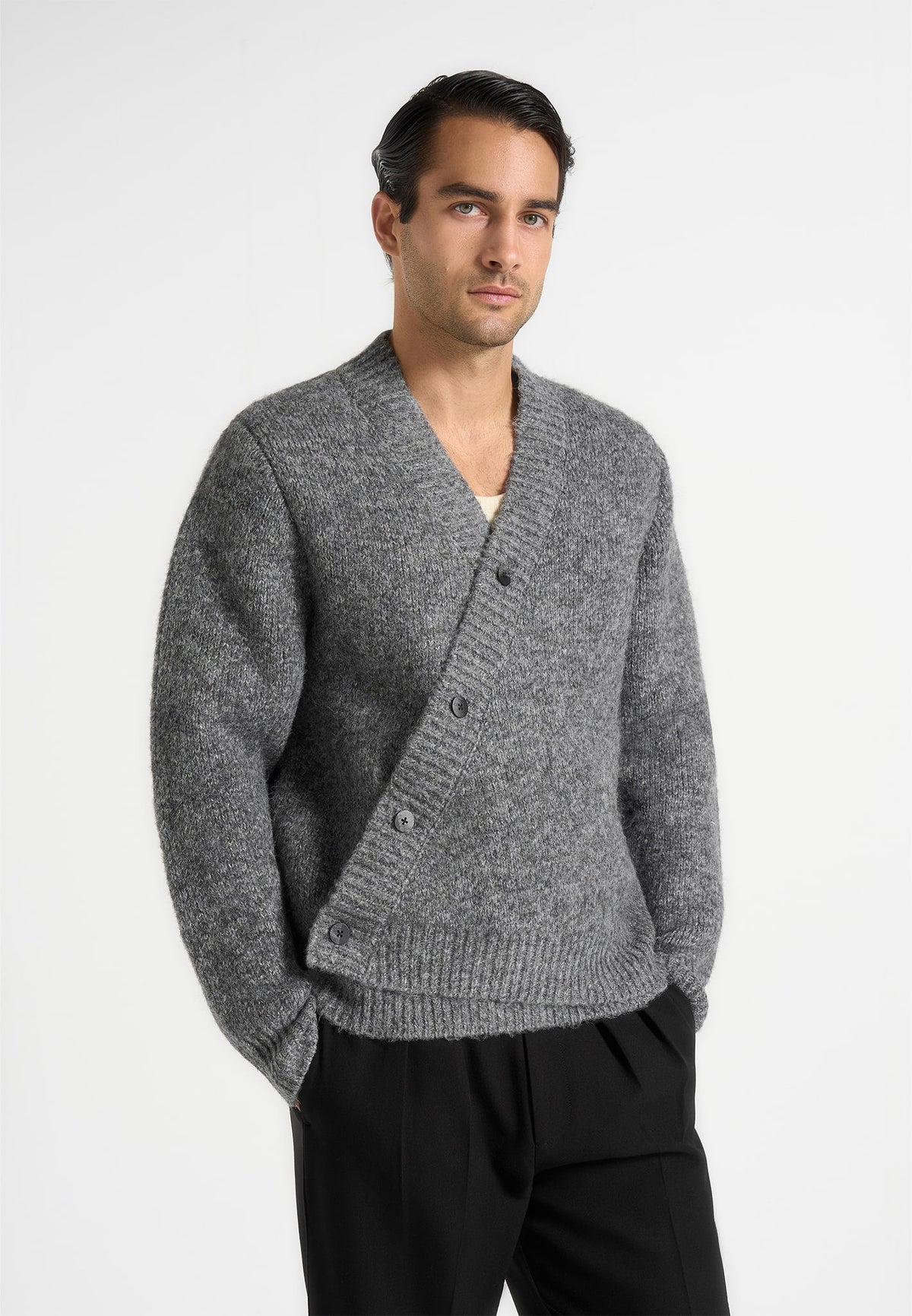 Dani - Unisex Asymmetric Brushed Wool-Blend Knit Cardigan - Grey
