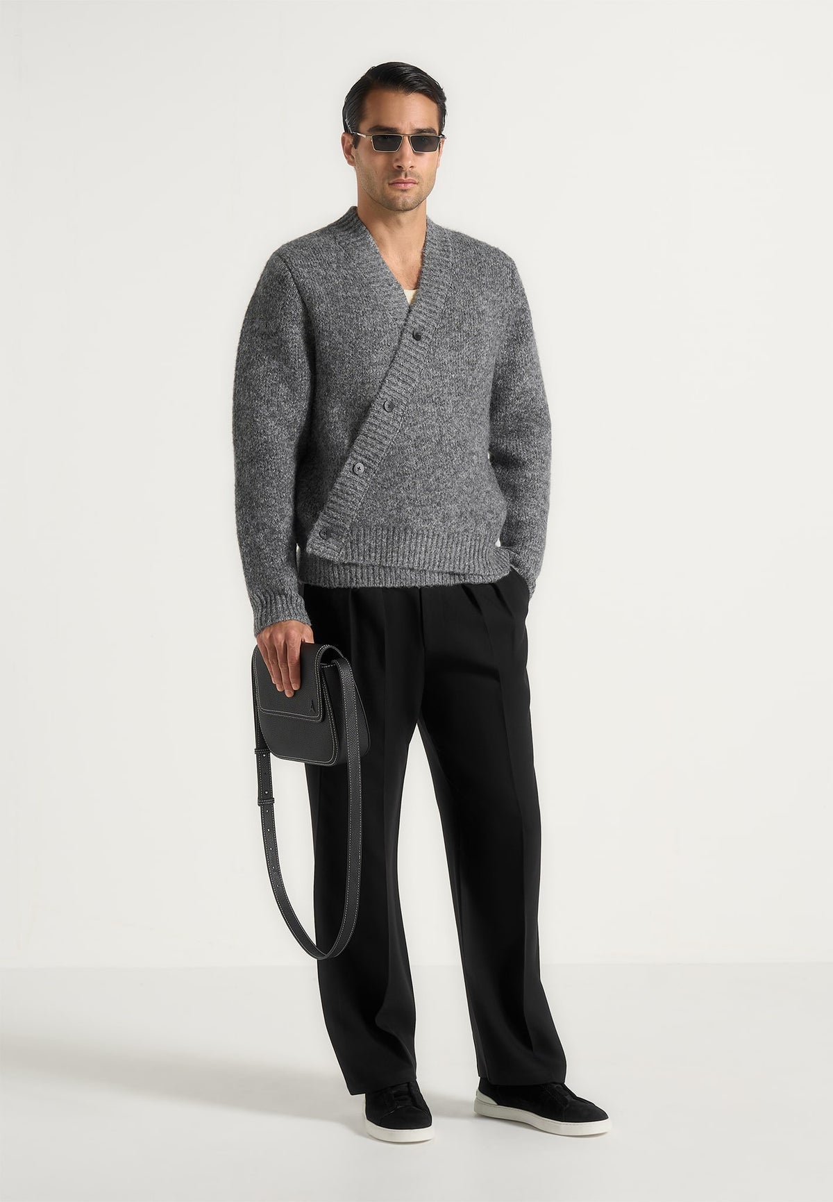 Dani - Unisex Asymmetric Brushed Wool-Blend Knit Cardigan - Grey