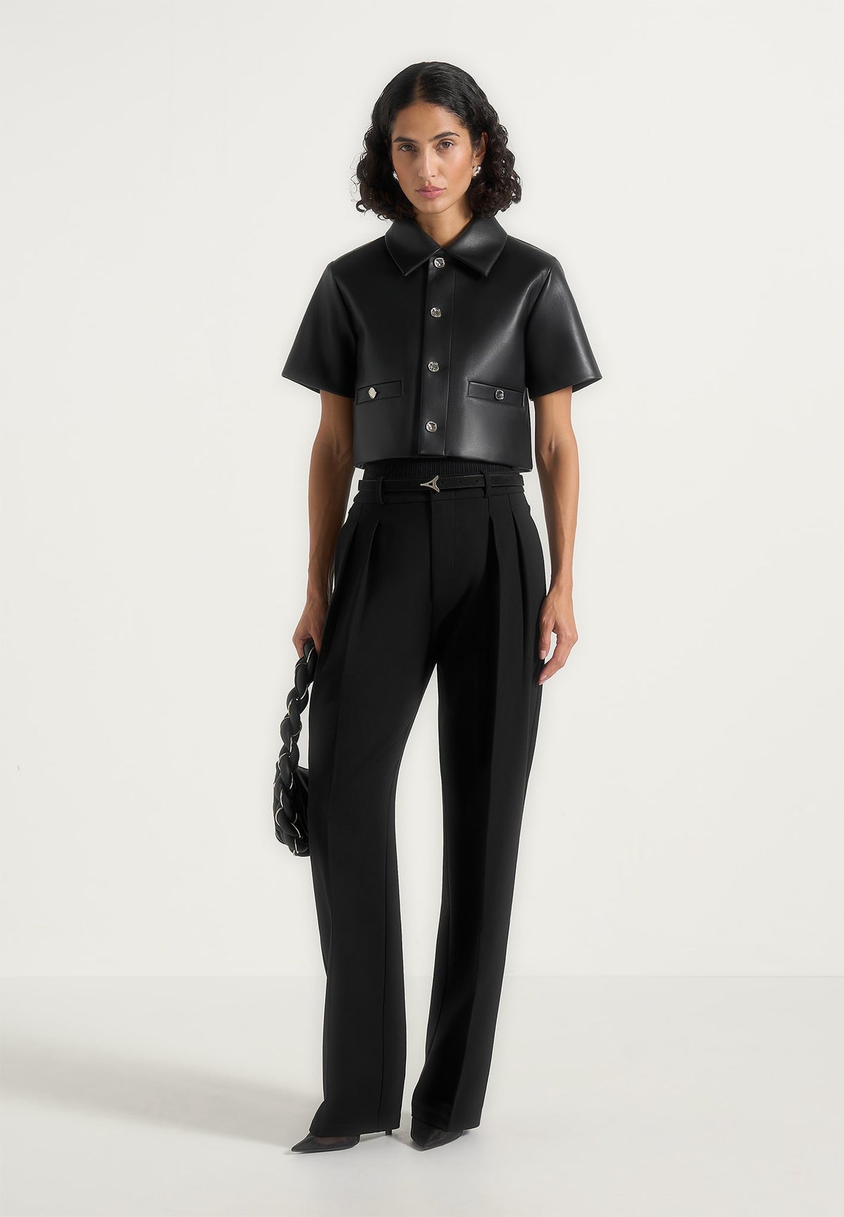 Dory - Leather Cropped Shirt - Black