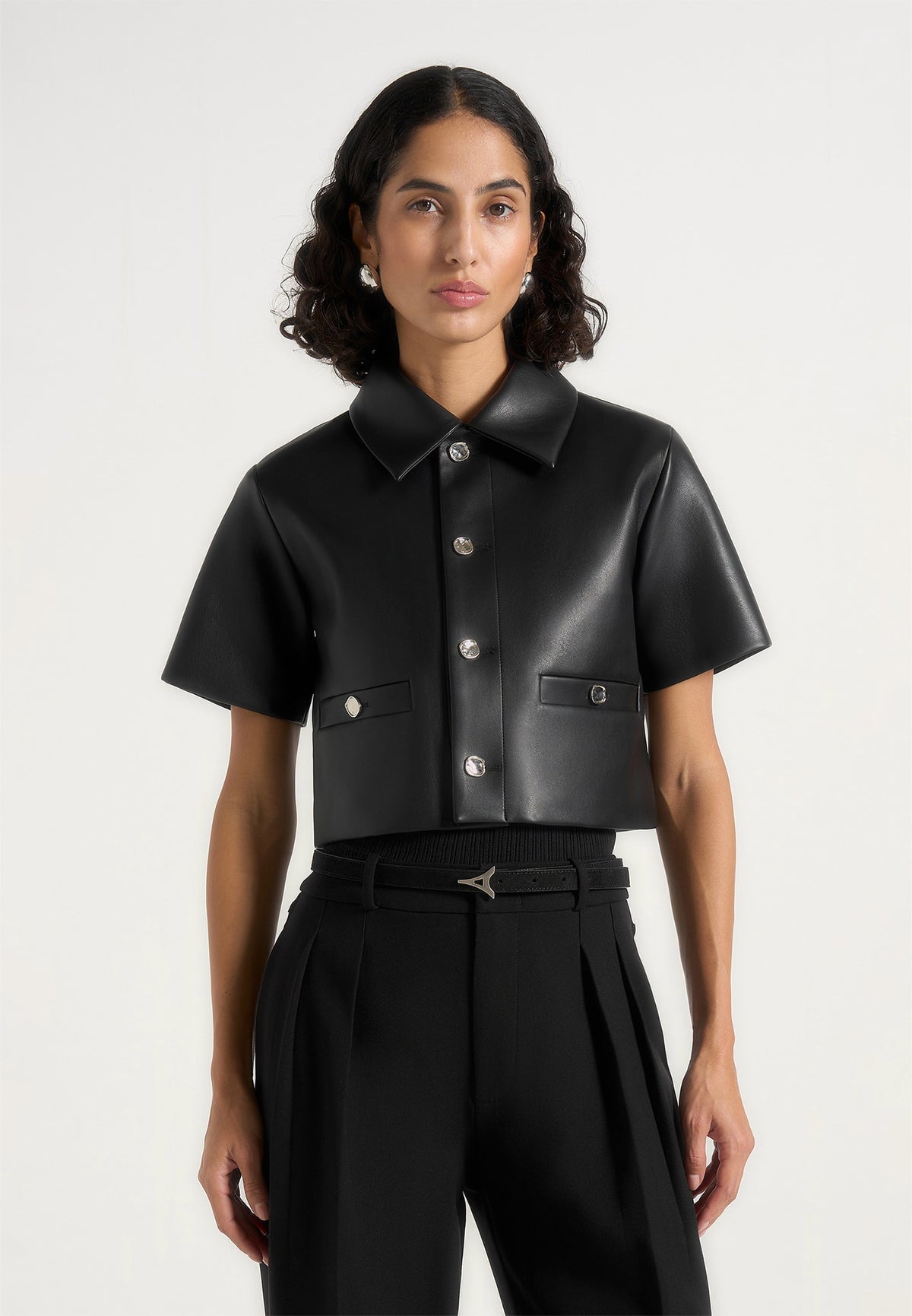 Dory - Leather Cropped Shirt - Black