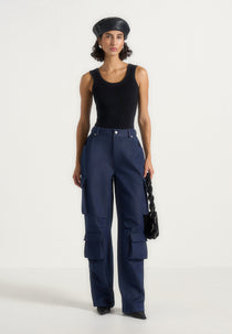 Emilie - High Waisted Cargo Pants - Indigo