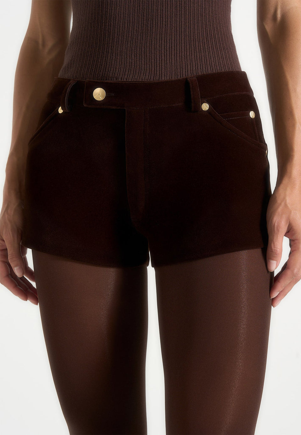 samia-velvet-patent-mini-shorts-brown