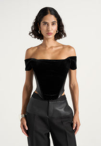 Fae - Velvet & Leather Off The Shoulder Corset Top - Black