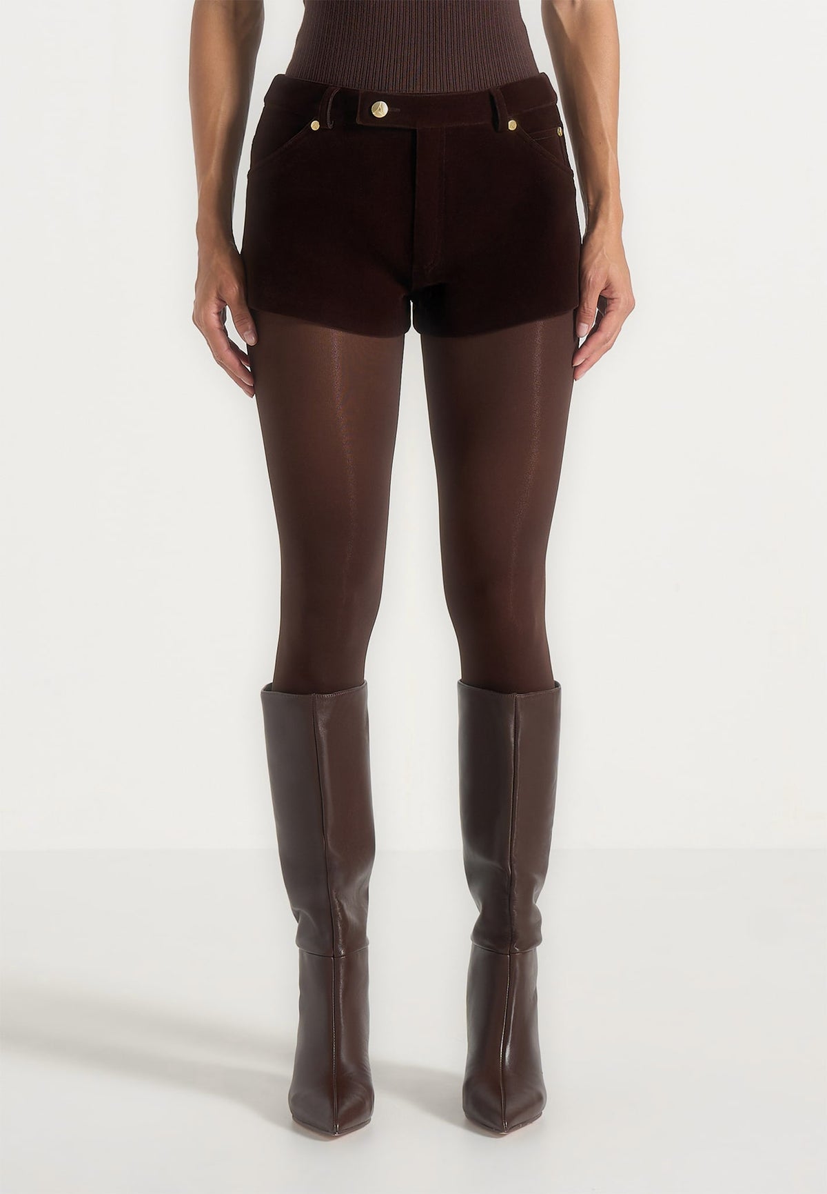 Samia - Velvet Patent Mini Shorts - Brown