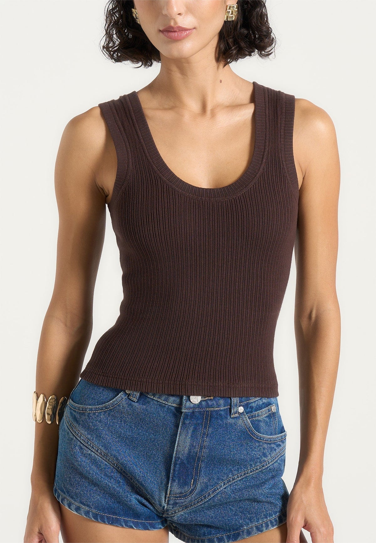 VS001 - Scoop Neck Ribbed Cotton Tank Top - Brown