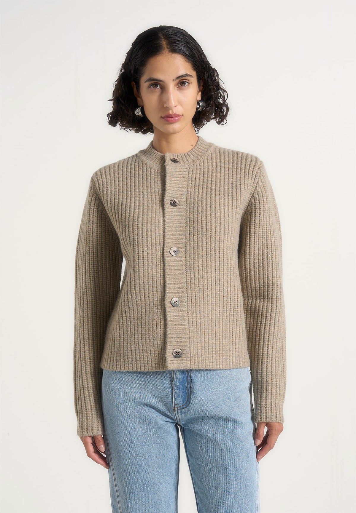Alix - Unisex Crewneck Ribbed Knit Cardigan - Beige