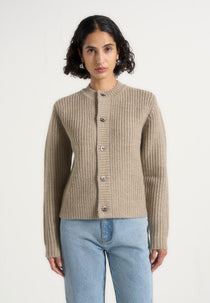 Alix - Unisex Crewneck Ribbed Knit Cardigan - Beige