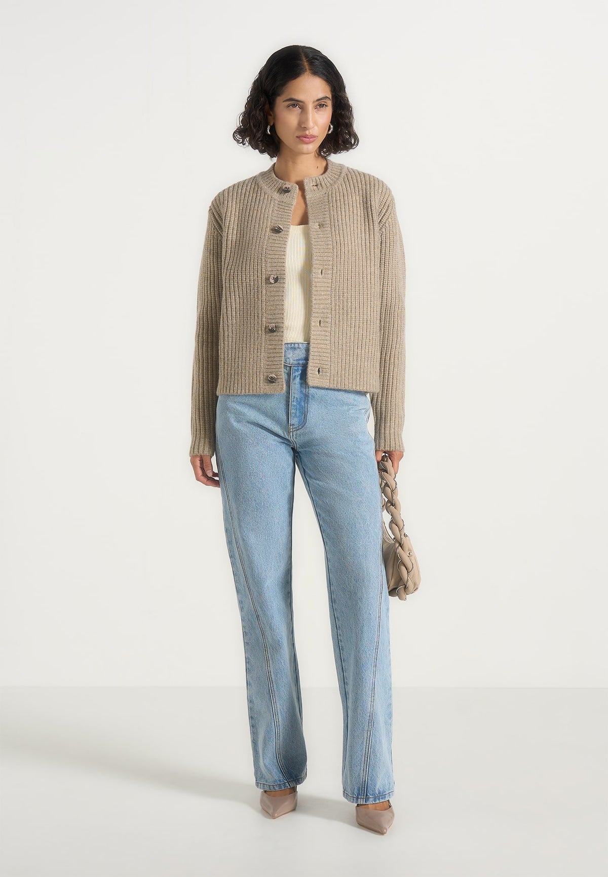 Alix - Unisex Crewneck Ribbed Knit Cardigan - Beige