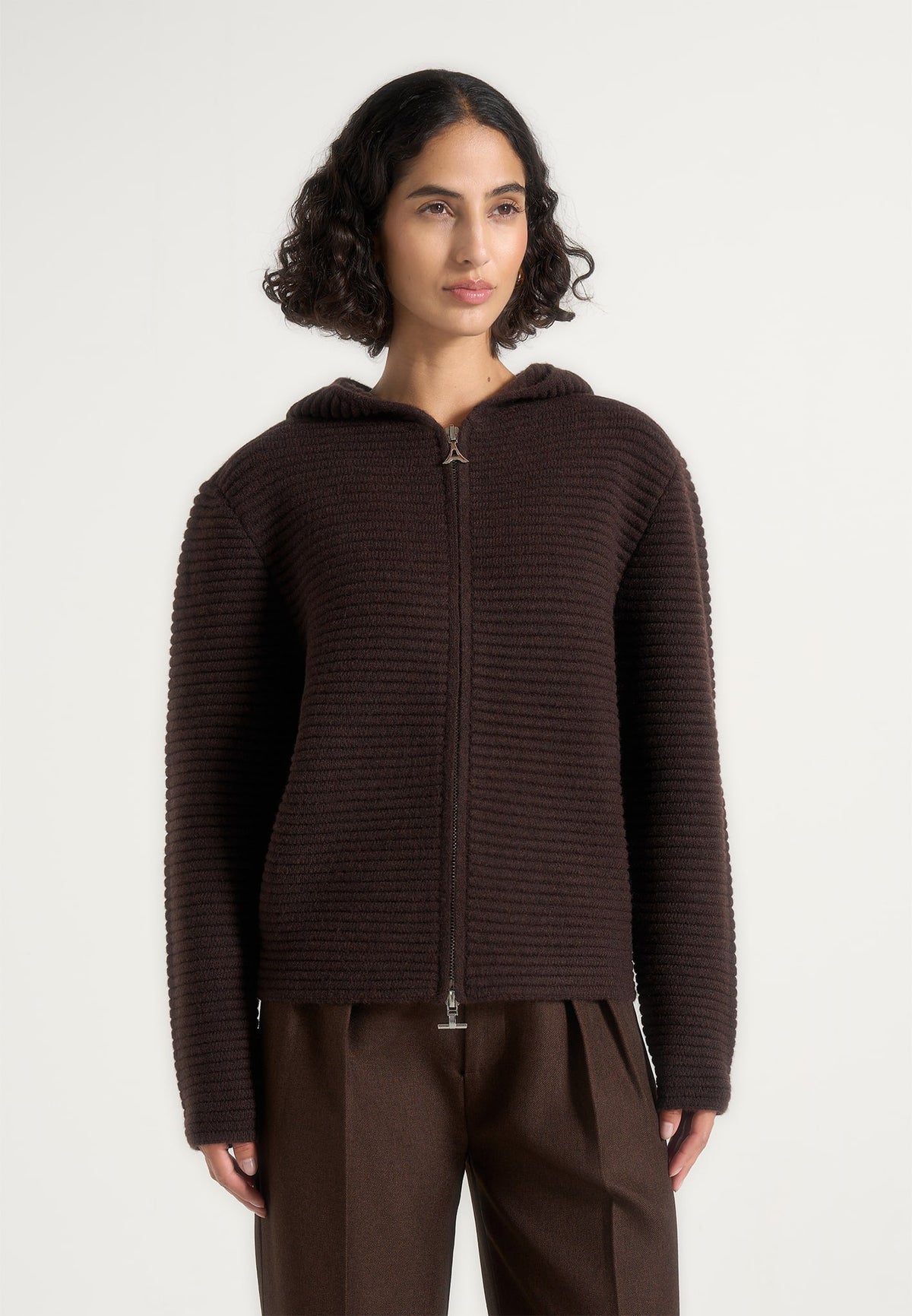 Eden - Unisex Ribbed Knit Zip Up Hoodie - Brown