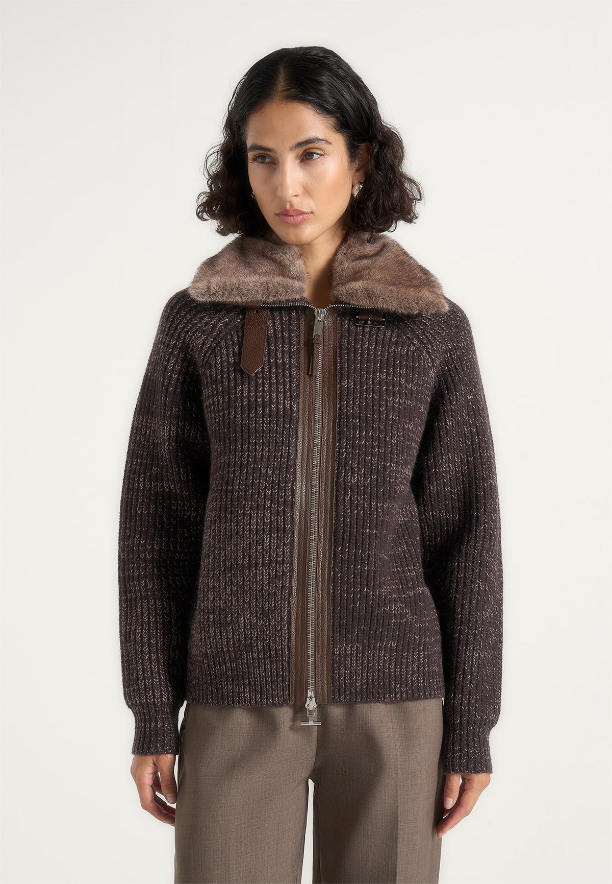 ariel-unisex-plush-collar-speckled-knit-jacket-brown