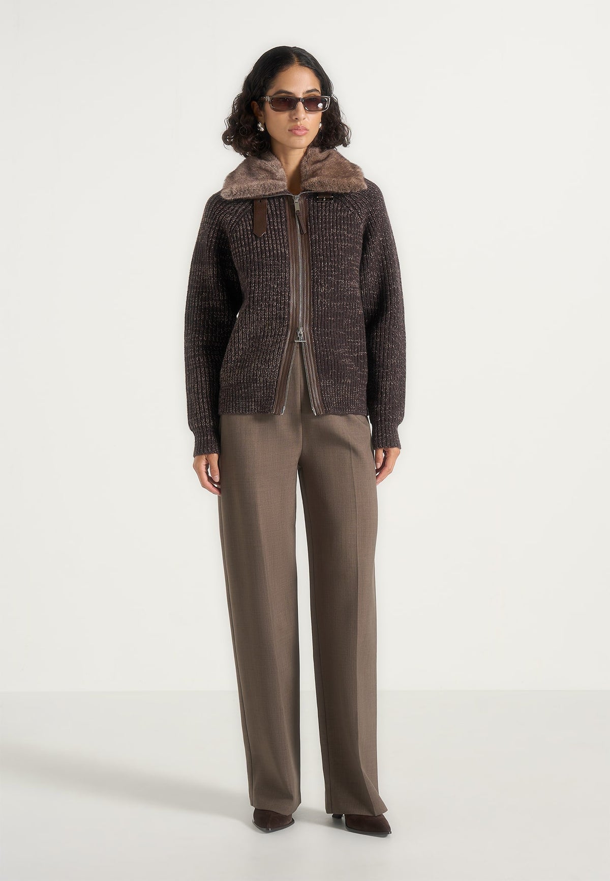 Ariel - Unisex Plush Collar Speckled Knit Jacket - Brown