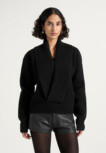 Azra - Plunge Knit Sweater - Black