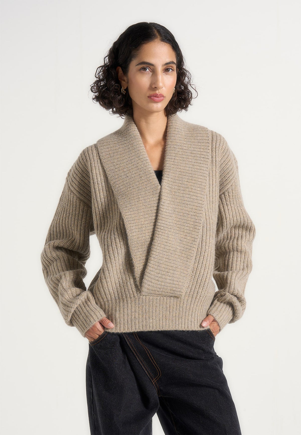 Azra - Plunge Knit Sweater - Taupe