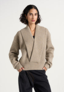 Azra - Plunge Knit Sweater - Taupe