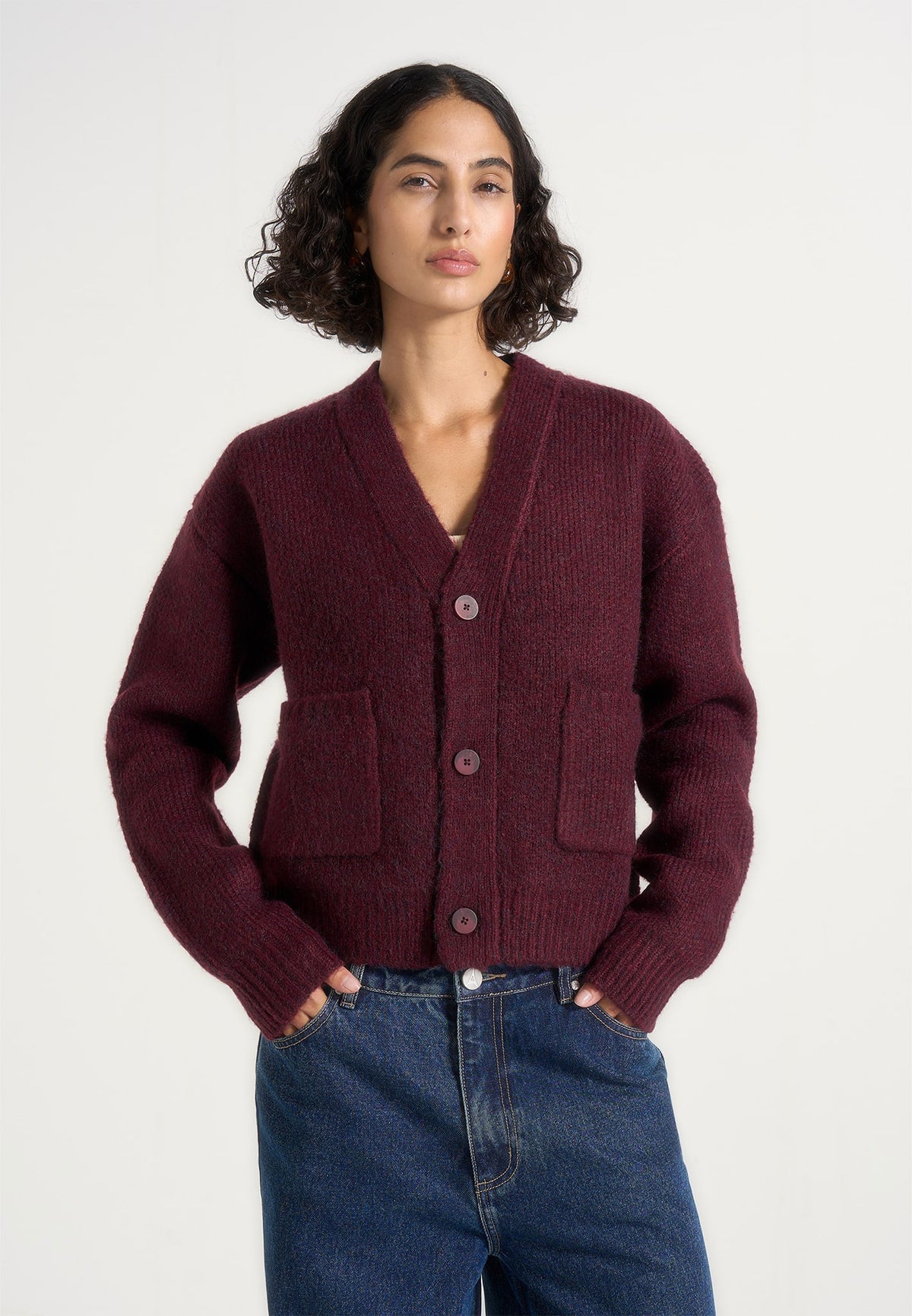 Charlie - Unisex Wool-Blend Knitted Cardigan - Wine Red