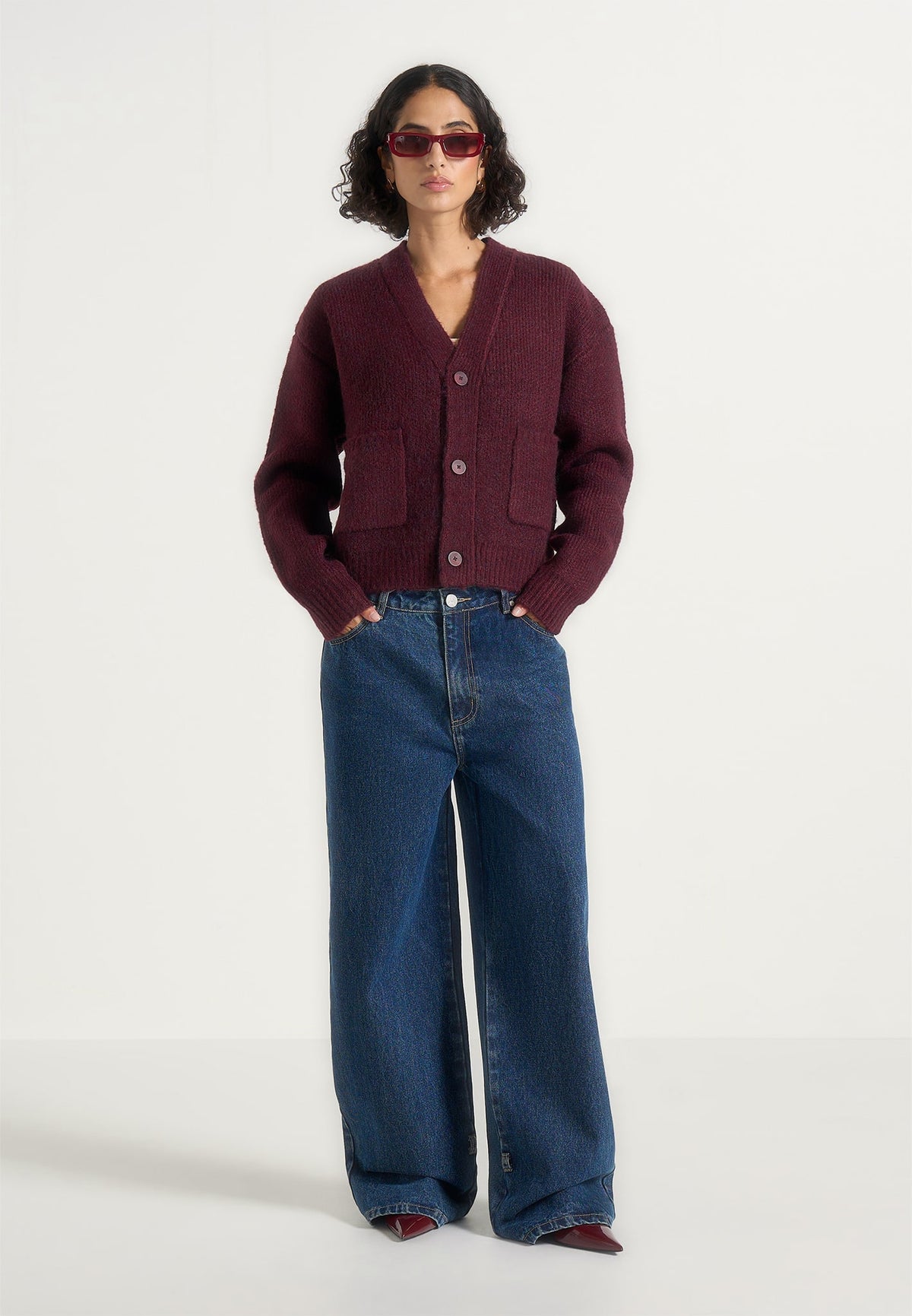 Charlie - Unisex Wool-Blend Knitted Cardigan - Wine Red